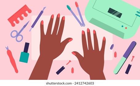 Girl does her nails concept. Woman with manicure. Character with scissors and polish. Beauty procedures. Elegance and aesthetics. Person apply cosmetic at fingernails. Cartoon flat vector illustration