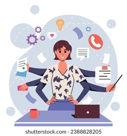 The girl does many things. Multitasking. Importance. Flat style. Character. Businesswoman. Isolated.White background.Notes, negotiations, conducting business.Internet.Trendy person.