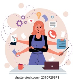 The girl does many things. Multitasking. Importance. Flat style. Character. Businesswoman. Isolated. Notes, negotiations, conducting business. Icon for internet.Trendy person.White background. 
