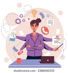 The girl does many things at the same time. Multitasking. Importance. Have a business and a businesswoman. Character. Vector stock illustration. Isolated. Flat style. White background