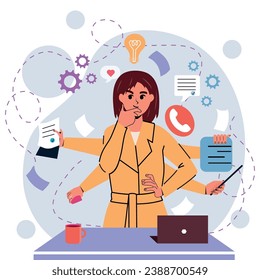 The girl does many things at the same time. Multitasking. Importance. Have a business and a businesswoman. Character. Vector stock illustration. Isolated. Flat style. Trendy person.White background