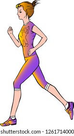 The girl does a morning jog. She is dressed in a lightweight tracksuit and 
sneakers.Vector.