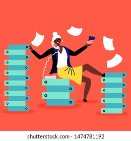 The girl does not have time to complete all the tasks at work. Stressful situations a lot of work. Editable vector illustration