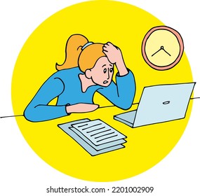The girl does not have time to complete work on a laptop on time