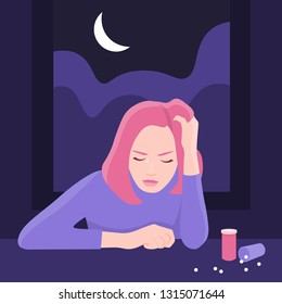 The girl does not sleep at night. A young woman sits in a dark room and cries. Depression and insomnia. Vector flat illustration