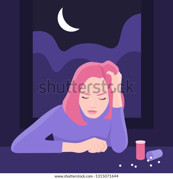 その女の子は夜は寝ない 若い女が暗い部屋に座って泣く 鬱病と不眠症 ベクターフラットイラスト のベクター画像素材 ロイヤリティフリー