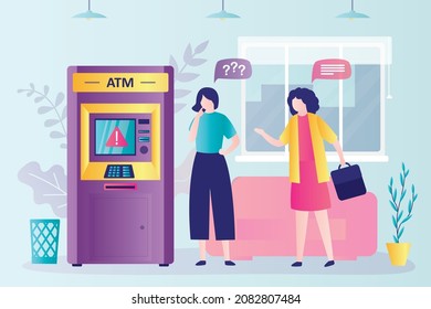 Girl does not understand why terminal does not work. Consumers cannot conduct financial transactions. Confused women near ATM. Broken cash machine. Systemic problems at bankomat. Vector illustration