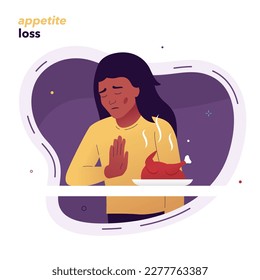 The girl does not want to eat because of loss of appetite. Vector illustration of a girl who refuses to eat. The impact of stress on human health. Symptoms of viral diseases, psycho-emotional disorder