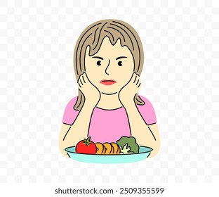 Girl does not want to eat healthy food, graphic design. Child, food, meal, vegetables and fruit, vector design and illustration