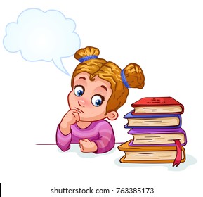 Chica no quiere aprender y piensa en la diversión. Ilustración vectorial. Se puede usar para diseño de estampado de moda, ropa infantil, ducha de bebé, saludo de celebración y tarjeta de invitación, postal.
