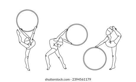 A girl does rhythmic gymnastics with a hoop. Set of illustrations. International Women's Sports Day. Vector illustration. Images produced without the use of any form of AI software at any stage. 