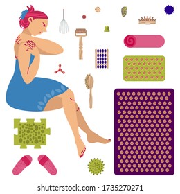 The girl does self-massage. A set of massagers and applicators for massage and self-massage. Vector illustration.