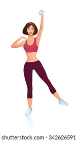 Girl does sport a dynamic exercise. She makes fitness with dumbbell
