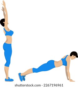 The girl does sports exercises. Exercise lying on straight arms. Cartoon.