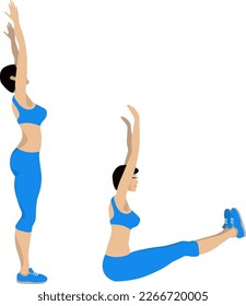 The girl does sports exercises. The girl stands with her hands up. The girl sits with her hands up. Legs raised at an angle cartoon.