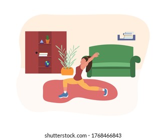 
Girl does sports exercises while staying at home, room interior, woman practices on the carpet, vector illustration in flat style
