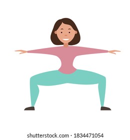 The Girl Does A Squat Exercise Without Load With Her Arms Wide Apart. Keep The Balance. Vector Illustration On A White Isolated Background.