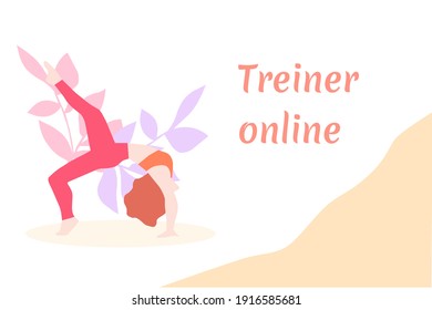 Girl does stretching with online trainer, a vector graphics