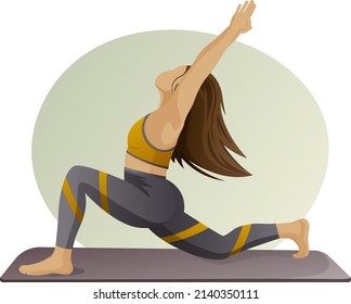 The girl does stretching, yoga on a sports mat. Workout at home or in the gym. Taking care of yourself and your body. Vector illustration.