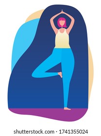 A girl does yoga or asanas while standing on one leg. Stock vector flat illustration with a cute girl in yoga clothes doing sports alone at home for international yoga day