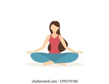 Girl does yoga. Beautiful woman sitting in lotus position. Beauty and healthy lifestyle concept. Illustration in flat cartoon style isolated on white background.