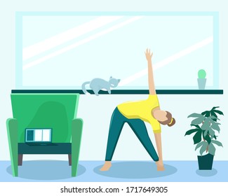 La chica hace yoga entre trabajar en una laptop en casa