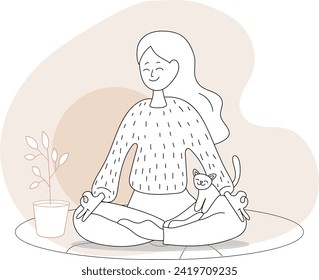 A girl does yoga with a cat
