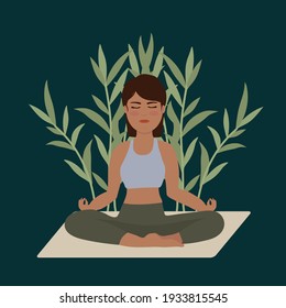 A girl does Yoga. The concept of relaxation, meditation, love for yourself and your body. Vector clip art of a woman in meditation on the background of tropical leaves. Vector illustration