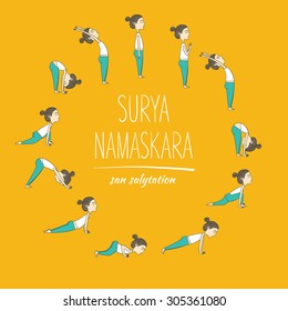 Girl does yoga exercises. Vector yoga illustration. Sketch with yoga asana. Healthy lifestyle. Surya Namaskara. San Salutation.