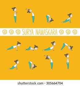 Girl does yoga exercises. Vector yoga illustration. Sketch with yoga asana. Healthy lifestyle. Surya Namaskara. San Salutation.