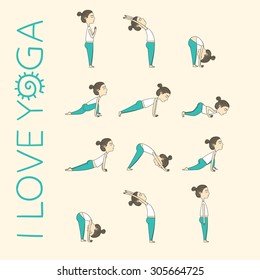 Girl does yoga exercises. Vector yoga illustration. Sketch with yoga asana. Healthy lifestyle. Surya Namaskara. San Salutation.