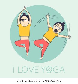 Girl does yoga exercises. Vector yoga illustration. Sketch with yoga asana. Healthy lifestyle. Vriksasana (Tree Pose).