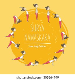 Girl does yoga exercises. Vector yoga illustration. Sketch with yoga asana. Healthy lifestyle. Surya Namaskara. San Salutation.