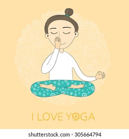 Girl does yoga exercises. Vector yoga illustration. Sketch with yoga asana. Healthy lifestyle.  Pranayama.