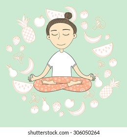 Girl does yoga exercises. Vector yoga illustration. Sketch with yoga asana. Healthy lifestyle. Siddhasana (Perfect Pose). Pranayama.