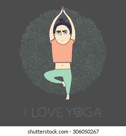 Girl does yoga exercises. Vector yoga illustration. Sketch with yoga asana. Healthy lifestyle. Vriksasana (Tree Pose).