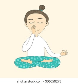 Girl does yoga exercises. Vector yoga illustration. Sketch with yoga asana. Healthy lifestyle.  Pranayama.