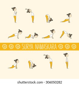 Girl does yoga exercises. Vector yoga illustration. Sketch with yoga asana. Healthy lifestyle. Surya Namaskara. San Salutation.