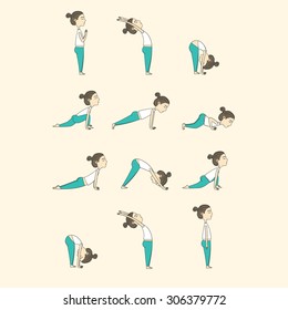 Girl does yoga exercises. Vector yoga illustration. Sketch with yoga asana. Healthy lifestyle. Surya Namaskara. San Salutation.