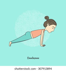 Girl does yoga exercises. Vector yoga illustration. Sketch with yoga asana. Healthy lifestyle. Surya Namaskara. San Salutation.