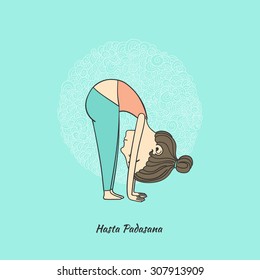 Girl does yoga exercises. Vector yoga illustration. Sketch with yoga asana. Healthy lifestyle. Surya Namaskara. San Salutation.