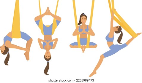 girl does yoga in hammocks. Stretching exercises. inverted yoga pose in a hammock. Anti-gravity relaxation and aerial yoga classes. Sport healthy lifestyle and fitness workout. yoga in hammocks