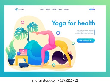 Girl does yoga for the health of the body and spirit. Yoga at home. Flat 2D landing page.