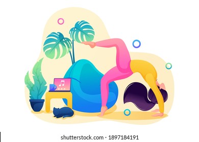 Girl does yoga for the health of the body and spirit. Yoga at home. Flat 2D Web design.