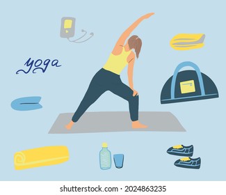 A girl does yoga at home, a collection of elements for yoga classes, a woman does sports at home, meditation, relaxation process, in the gym, cartoon illustration, vector, fitness and sports at home