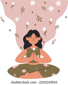 The girl does yoga in the lotus pose, against a backdrop of flowers. Modern vector illustration