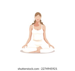 A girl does yoga in a lotus position on a white background. The concept of meditation, yoga and a healthy lifestyle. Faceless style. Vector illustration.