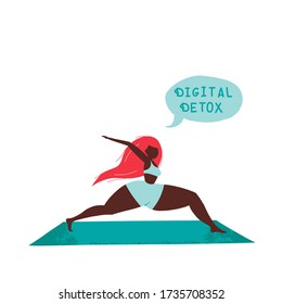 The girl does yoga. Meditation. A break from social networking. Healthy lifestyle. Illustration of people. Vector illustration. Digital detox