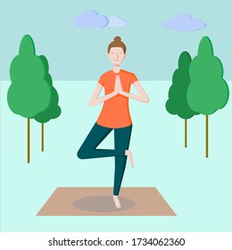 The girl does yoga in nature. The girl meditates standing on one leg with her hands folded on her chest. Vector illustration.