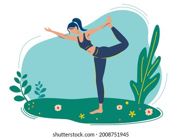 Una Chica Hace Yoga En La Naturaleza, En El Parque, Disfrutando De La Tranquilidad. Yoga al aire libre. Deporte, embarazo, concepto de salud. Estilo de vida saludable y recreación al aire libre. Carácter femenino. Ilustración del vector